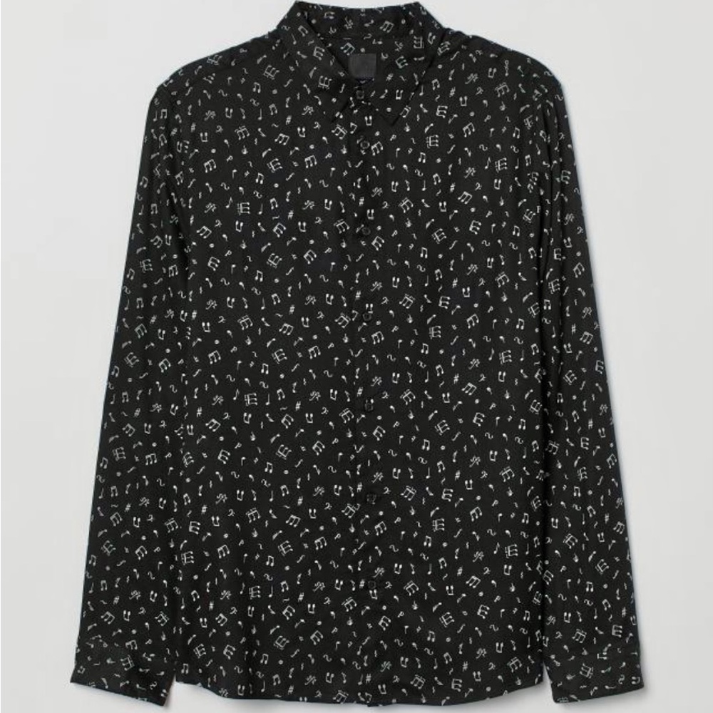 H & M Black Long Sleeve Music Note Slim Fit Viscose Shirt